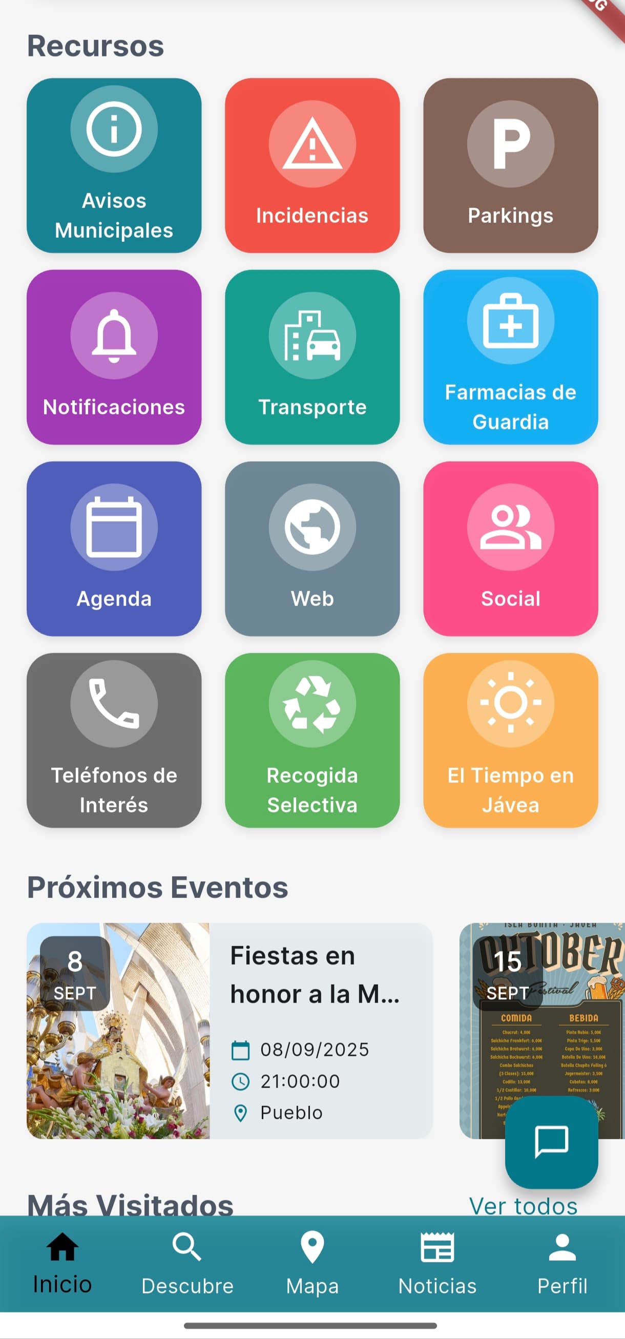 Sección de recursos en la app